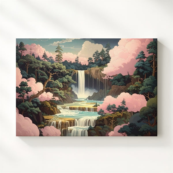 Enchanted Waterfall Realm Canvas – Dreamy Forest & Pink Cloud Fantasy Art - Gifitto
