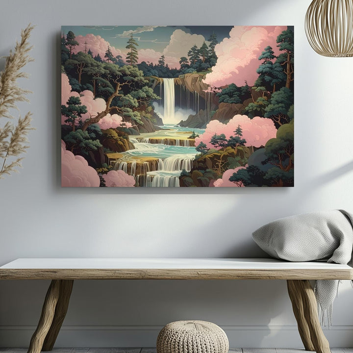 Enchanted Waterfall Realm Canvas – Dreamy Forest & Pink Cloud Fantasy Art - Gifitto