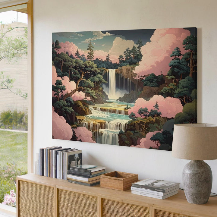 Enchanted Waterfall Realm Canvas – Dreamy Forest & Pink Cloud Fantasy Art - Gifitto