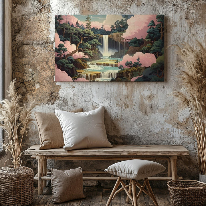 Enchanted Waterfall Realm Canvas – Dreamy Forest & Pink Cloud Fantasy Art - Gifitto