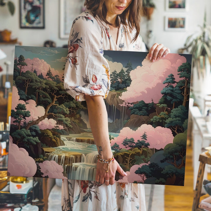 Enchanted Waterfall Realm Canvas – Dreamy Forest & Pink Cloud Fantasy Art - Gifitto