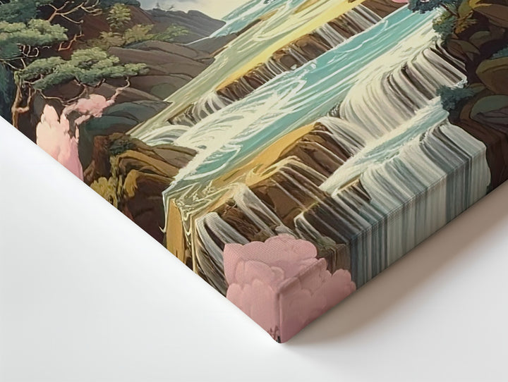 Enchanted Waterfall Realm Canvas – Dreamy Forest & Pink Cloud Fantasy Art - Gifitto