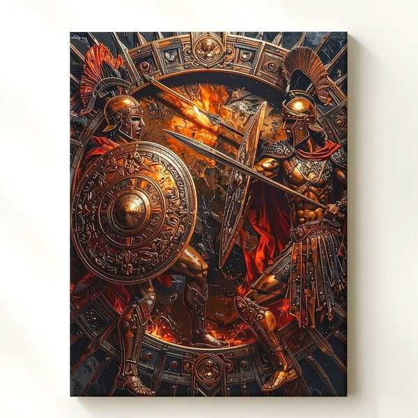 Bronze Warriors Combat Canvas – Fiery Metallic Battle Scene in Ancient Glory - Gifitto