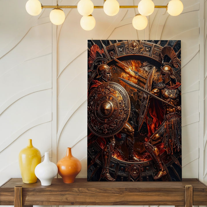 Bronze Warriors Combat Canvas – Fiery Metallic Battle Scene in Ancient Glory - Gifitto