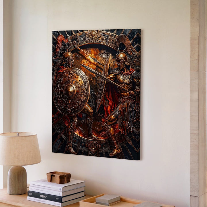 Bronze Warriors Combat Canvas – Fiery Metallic Battle Scene in Ancient Glory - Gifitto