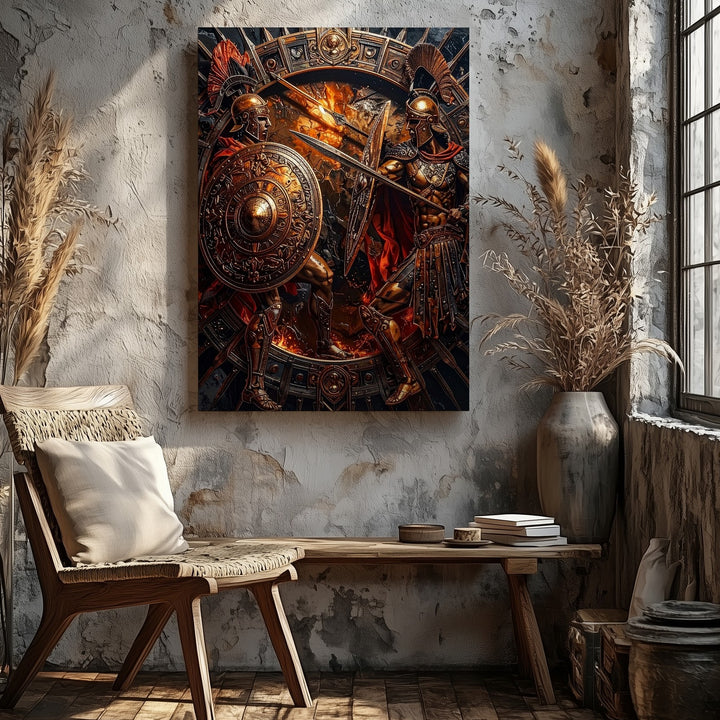 Bronze Warriors Combat Canvas – Fiery Metallic Battle Scene in Ancient Glory - Gifitto