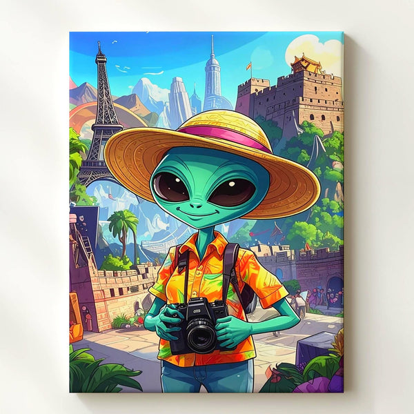 Alien Traveler Canvas – Cartoon Alien with Camera at Iconic Landmarks - Gifitto