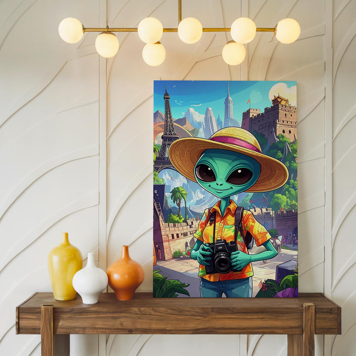 Alien Traveler Canvas – Cartoon Alien with Camera at Iconic Landmarks - Gifitto
