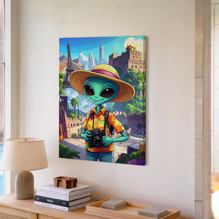 Alien Traveler Canvas – Cartoon Alien with Camera at Iconic Landmarks - Gifitto