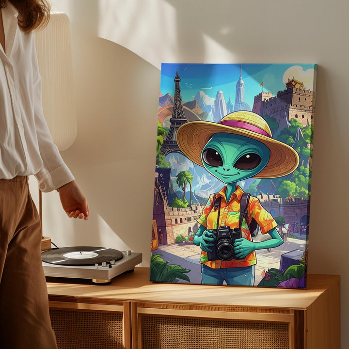 Alien Traveler Canvas – Cartoon Alien with Camera at Iconic Landmarks - Gifitto