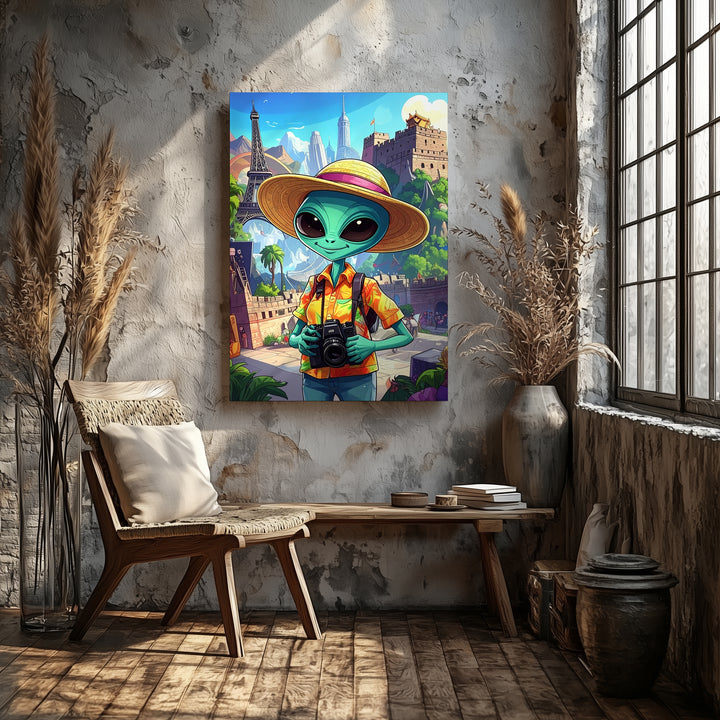Alien Traveler Canvas – Cartoon Alien with Camera at Iconic Landmarks - Gifitto