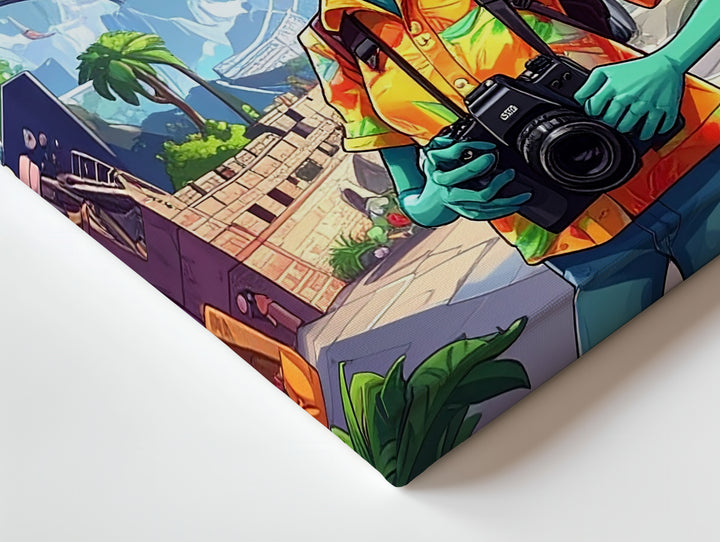 Alien Traveler Canvas – Cartoon Alien with Camera at Iconic Landmarks - Gifitto