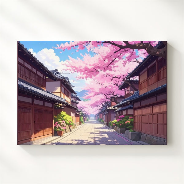 Cherry Blossom Village Street Canvas – Traditional Japanese Spring Scene - Gifitto