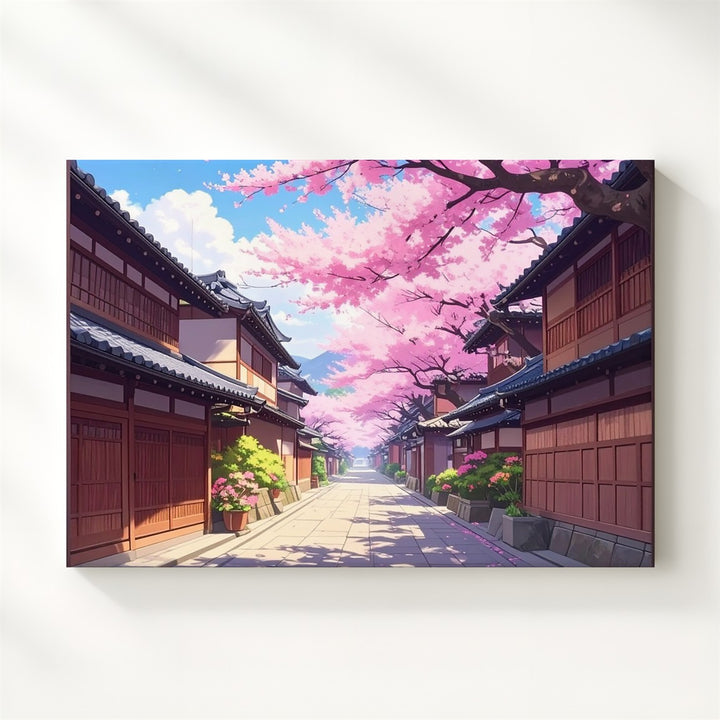 Cherry Blossom Village Street Canvas – Traditional Japanese Spring Scene - Gifitto