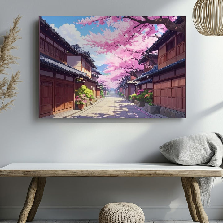 Cherry Blossom Village Street Canvas – Traditional Japanese Spring Scene - Gifitto