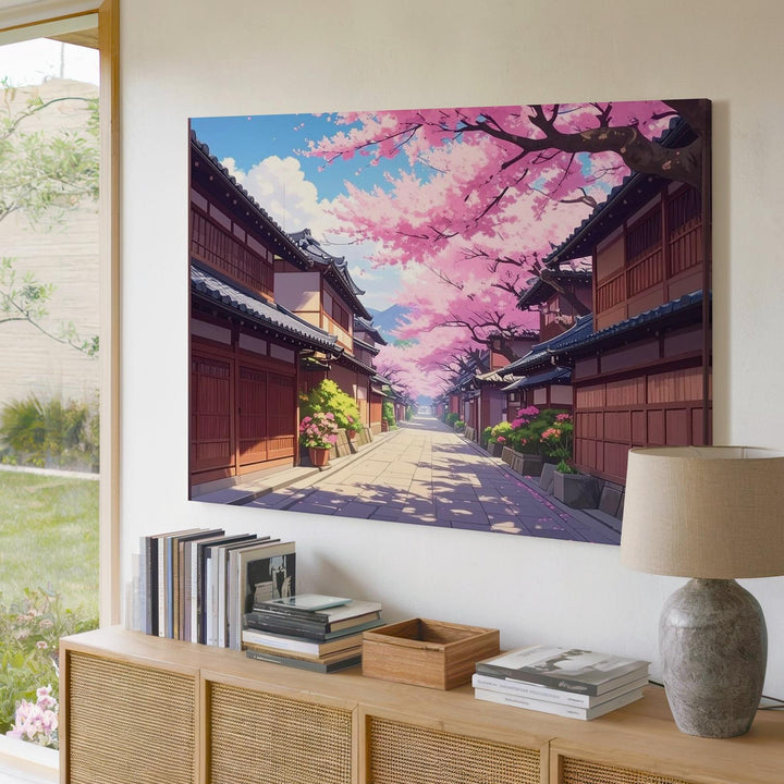 Cherry Blossom Village Street Canvas – Traditional Japanese Spring Scene - Gifitto