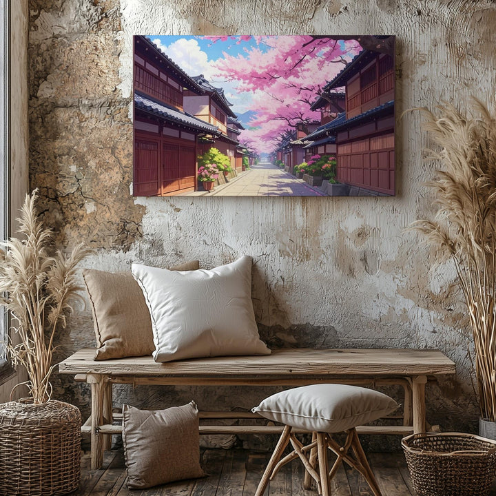 Cherry Blossom Village Street Canvas – Traditional Japanese Spring Scene - Gifitto