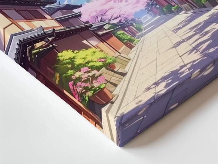 Cherry Blossom Village Street Canvas – Traditional Japanese Spring Scene - Gifitto
