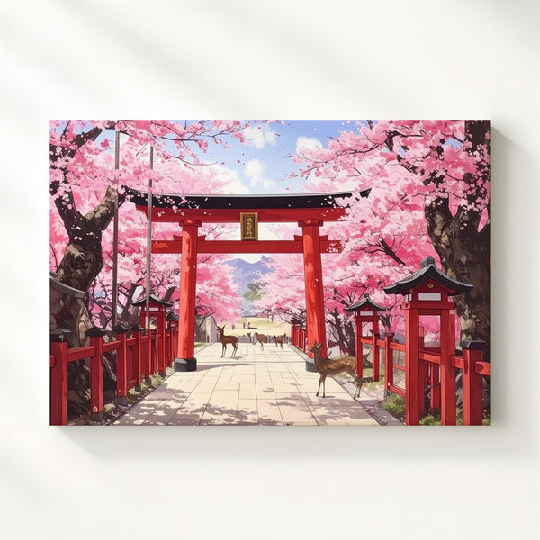 Torii Path & Deer Canvas – Cherry Blossom Shrine Scene in Tranquil Spring Light - Gifitto