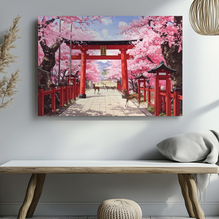 Torii Path & Deer Canvas – Cherry Blossom Shrine Scene in Tranquil Spring Light - Gifitto