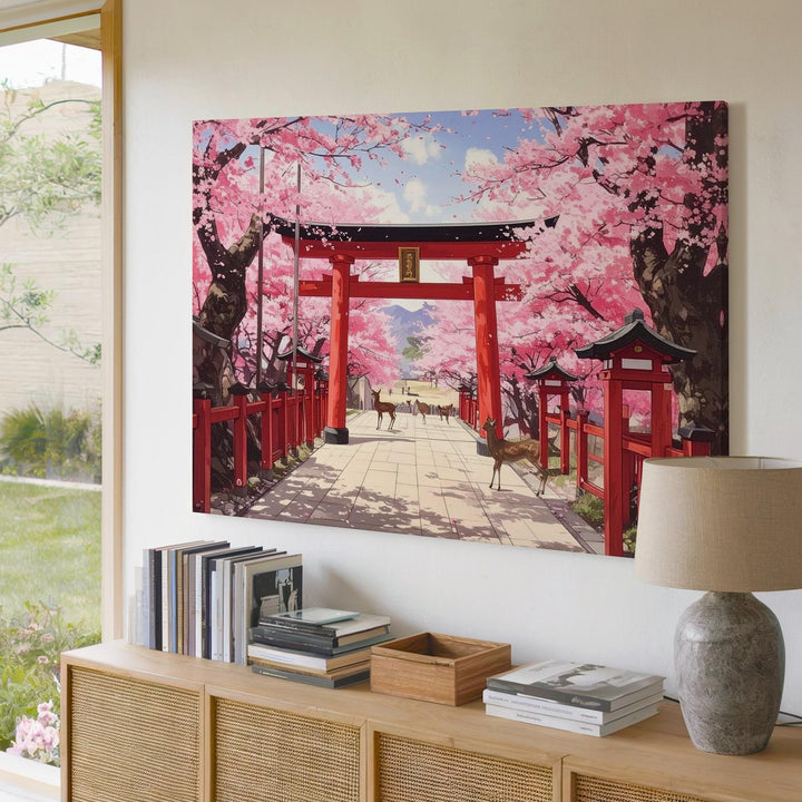 Torii Path & Deer Canvas – Cherry Blossom Shrine Scene in Tranquil Spring Light - Gifitto