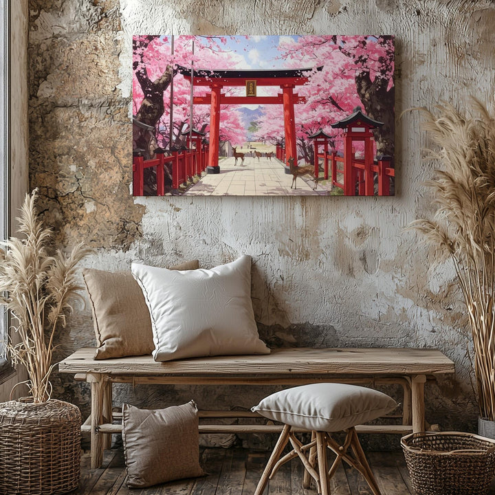 Torii Path & Deer Canvas – Cherry Blossom Shrine Scene in Tranquil Spring Light - Gifitto
