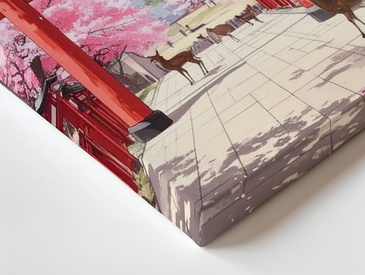 Torii Path & Deer Canvas – Cherry Blossom Shrine Scene in Tranquil Spring Light - Gifitto
