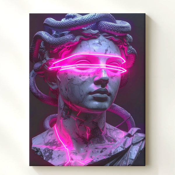 Cyberpunk Medusa Bust Canvas – Stone Sculpture with Neon Light Elements - Gifitto