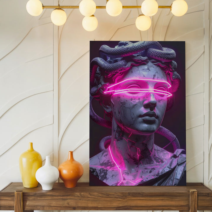 Cyberpunk Medusa Bust Canvas – Stone Sculpture with Neon Light Elements - Gifitto