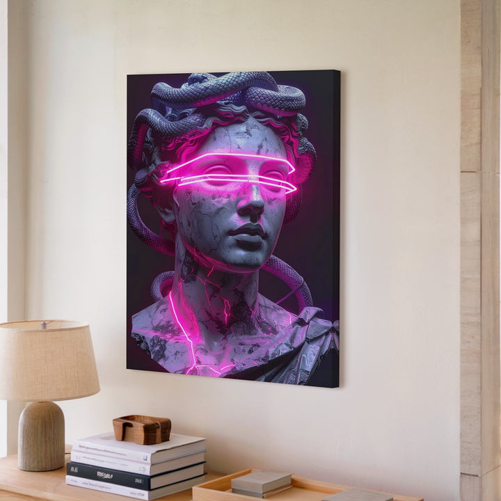 Cyberpunk Medusa Bust Canvas – Stone Sculpture with Neon Light Elements - Gifitto
