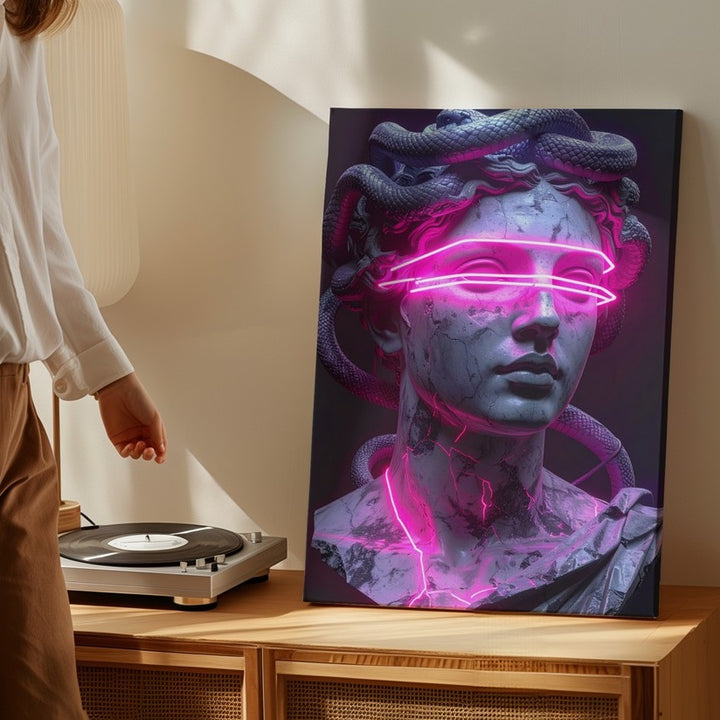 Cyberpunk Medusa Bust Canvas – Stone Sculpture with Neon Light Elements - Gifitto