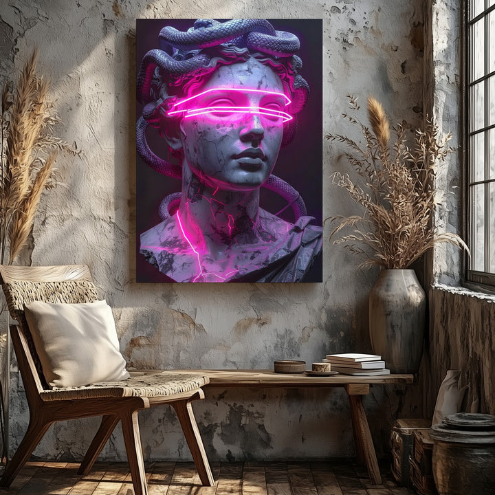 Cyberpunk Medusa Bust Canvas – Stone Sculpture with Neon Light Elements - Gifitto