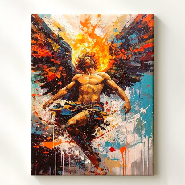 Fallen Angel in Flight Canvas – Dynamic Mythological Illustration with Vibrant Paint - Gifitto