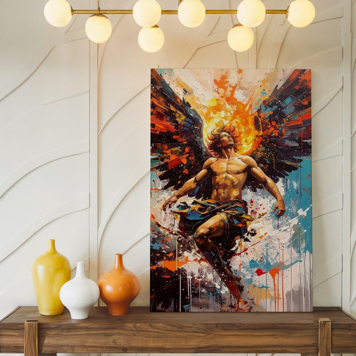 Fallen Angel in Flight Canvas – Dynamic Mythological Illustration with Vibrant Paint - Gifitto
