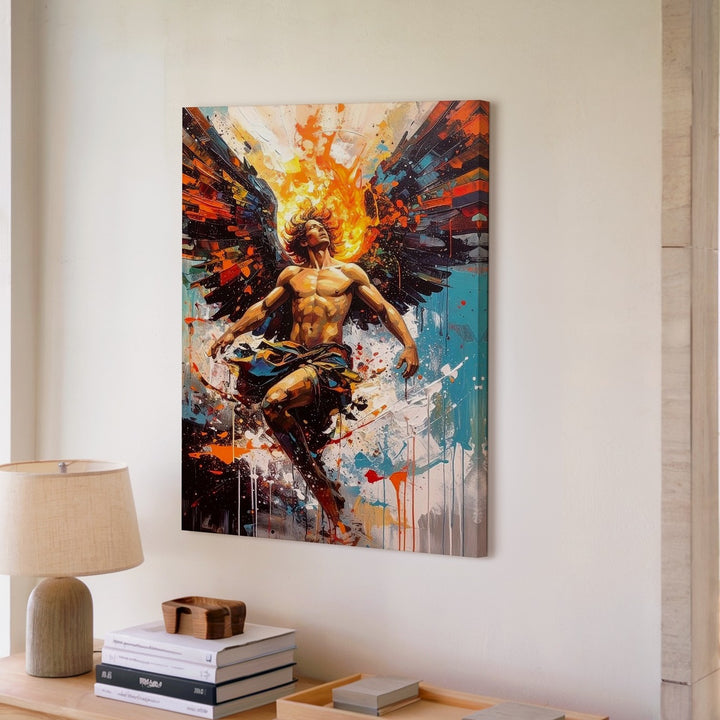 Fallen Angel in Flight Canvas – Dynamic Mythological Illustration with Vibrant Paint - Gifitto