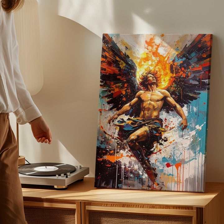 Fallen Angel in Flight Canvas – Dynamic Mythological Illustration with Vibrant Paint - Gifitto