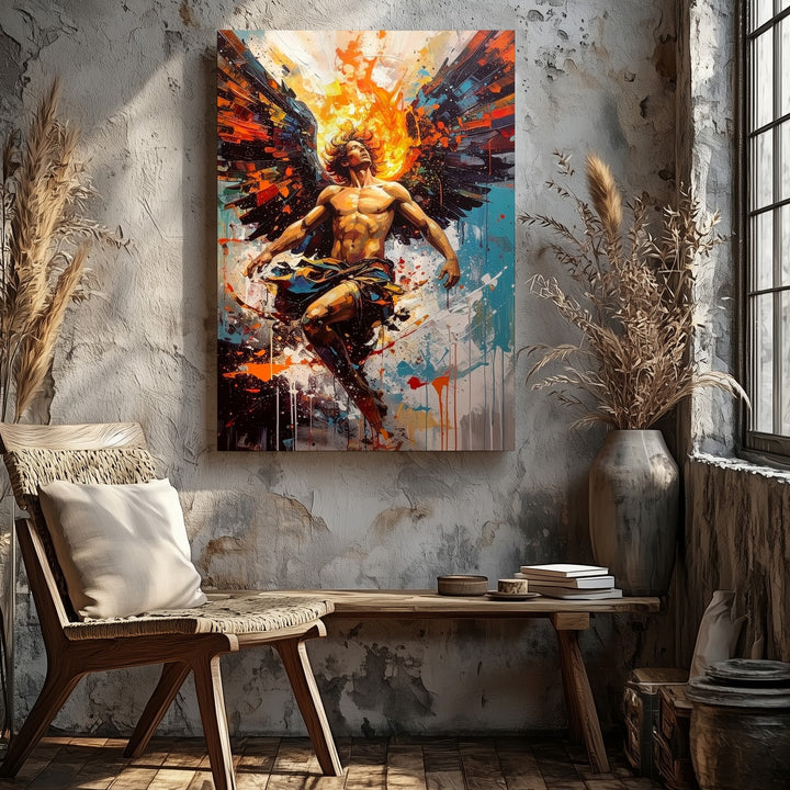 Fallen Angel in Flight Canvas – Dynamic Mythological Illustration with Vibrant Paint - Gifitto