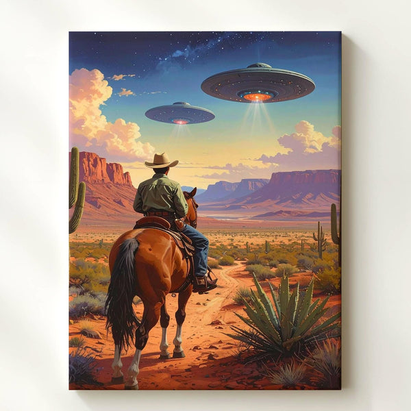 Cowboy and UFO Encounter Canvas – Western Desert with Futuristic UFOs - Gifitto