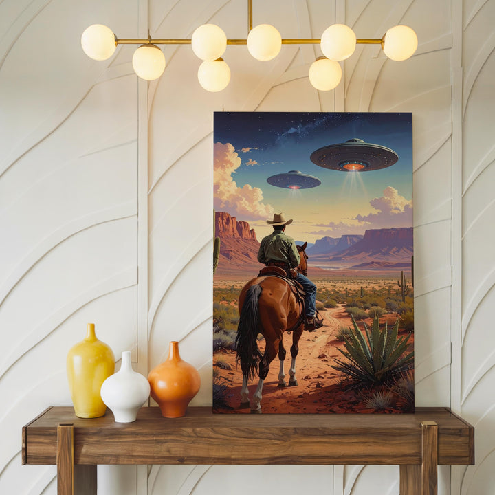 Cowboy and UFO Encounter Canvas – Western Desert with Futuristic UFOs - Gifitto