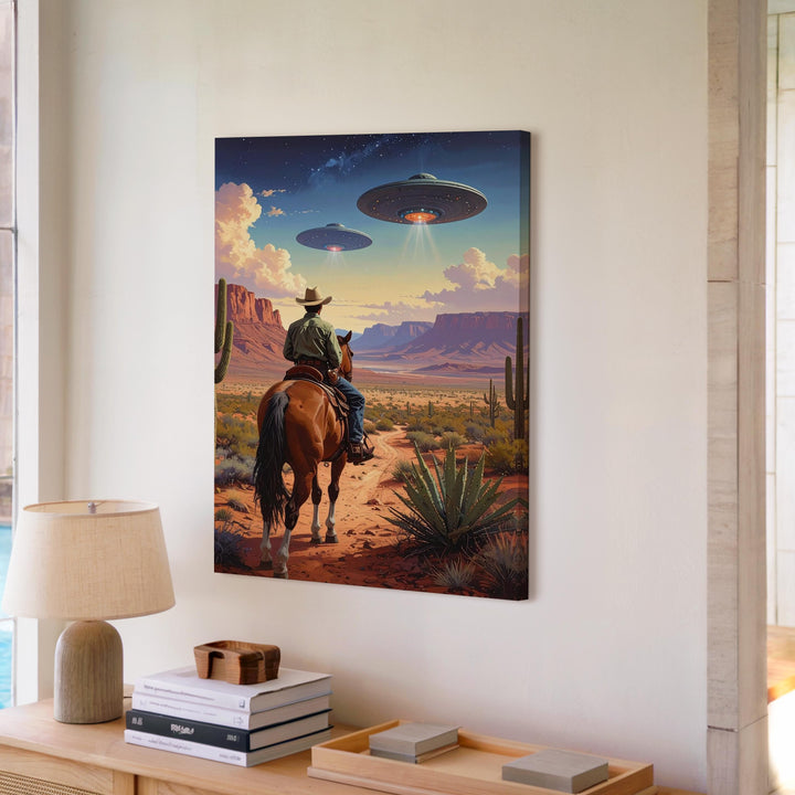 Cowboy and UFO Encounter Canvas – Western Desert with Futuristic UFOs - Gifitto