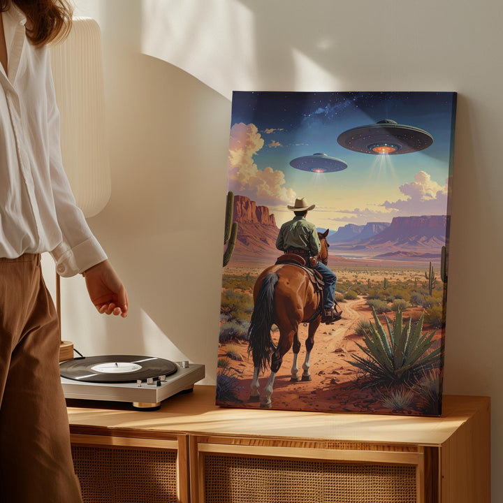 Cowboy and UFO Encounter Canvas – Western Desert with Futuristic UFOs - Gifitto