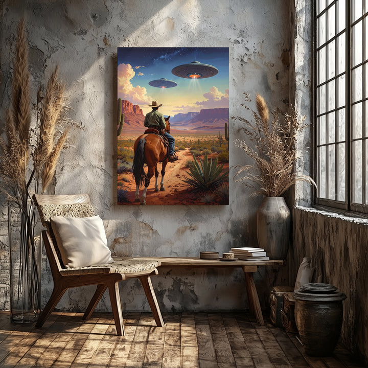 Cowboy and UFO Encounter Canvas – Western Desert with Futuristic UFOs - Gifitto