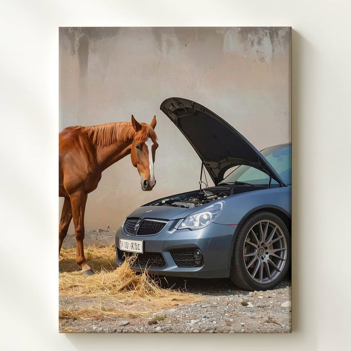 Sports Car and Horse Encounter Canvas – Nature Meets Technology Art - Gifitto