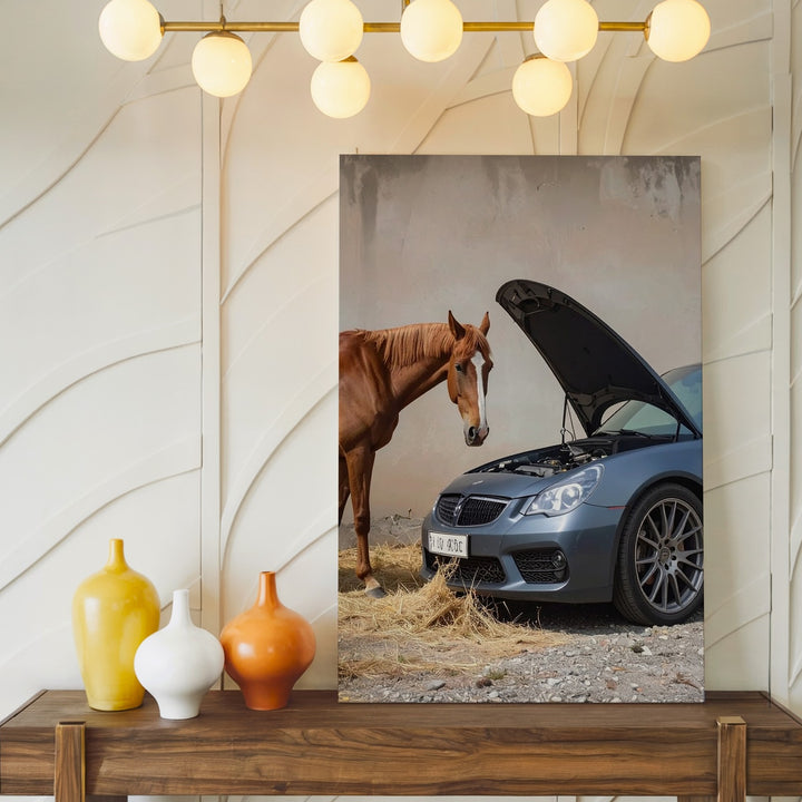 Sports Car and Horse Encounter Canvas – Nature Meets Technology Art - Gifitto