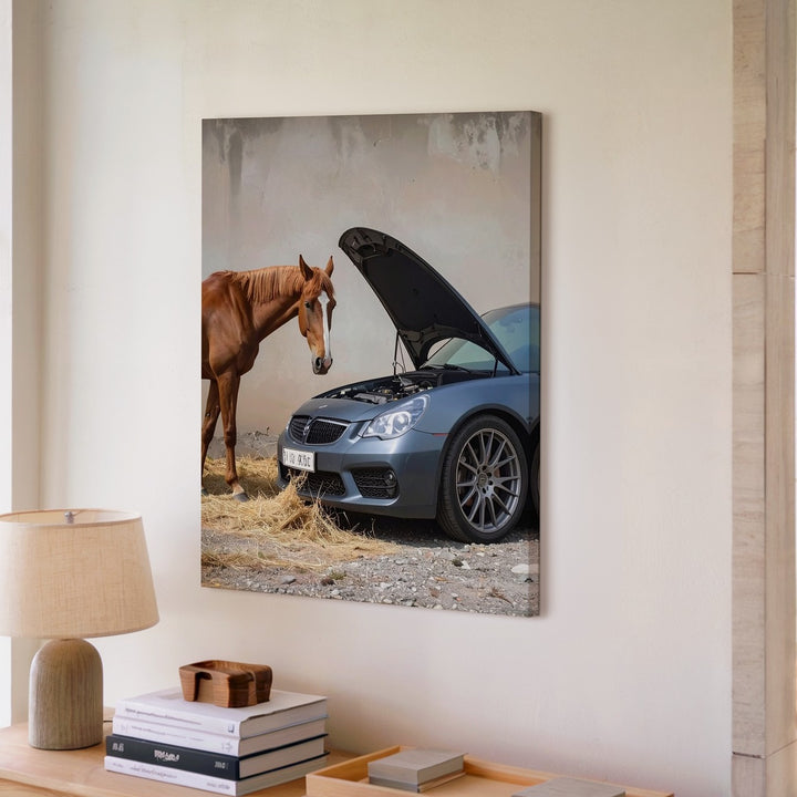 Sports Car and Horse Encounter Canvas – Nature Meets Technology Art - Gifitto