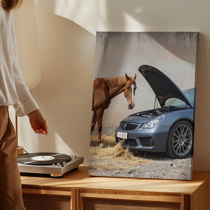 Sports Car and Horse Encounter Canvas – Nature Meets Technology Art - Gifitto