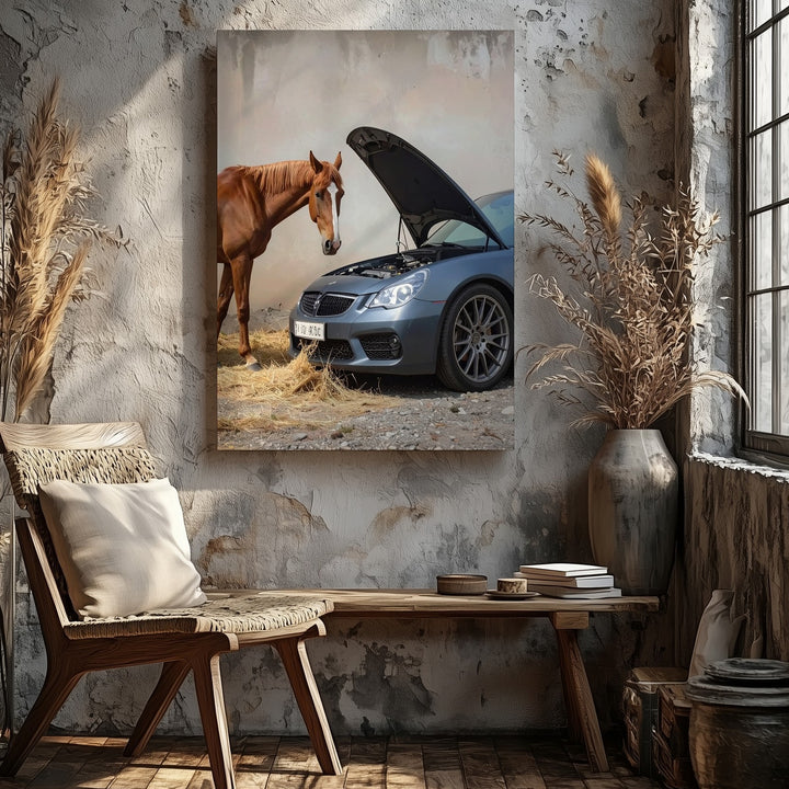 Sports Car and Horse Encounter Canvas – Nature Meets Technology Art - Gifitto