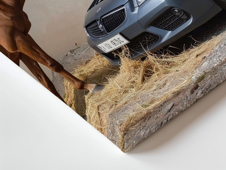 Sports Car and Horse Encounter Canvas – Nature Meets Technology Art - Gifitto