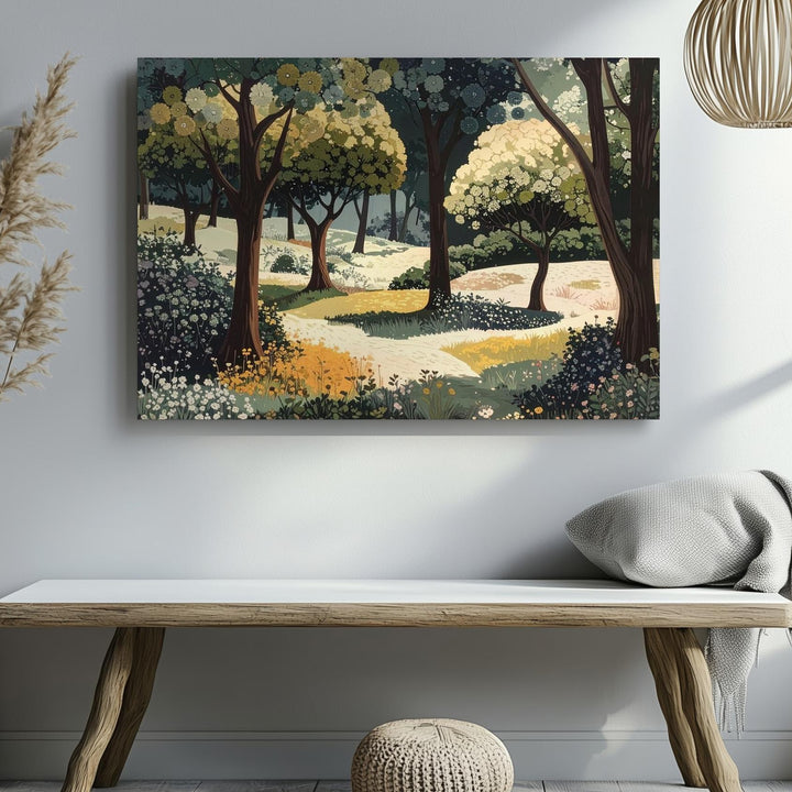 Patterned Forest Garden Canvas – Stylized Japanese Woodland Textile Art - Gifitto
