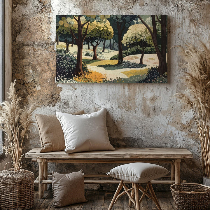 Patterned Forest Garden Canvas – Stylized Japanese Woodland Textile Art - Gifitto